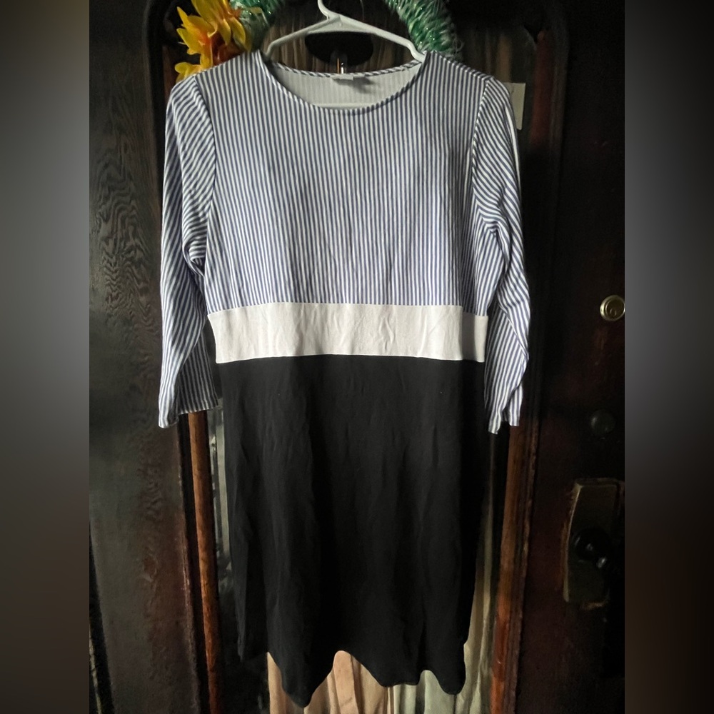 Black, Blue & White Striped J. Jill Classic Color Block Dress EUC Size: Petite S